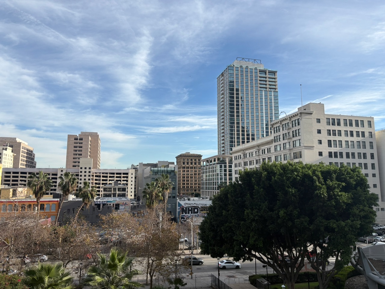 The view from Angel's Knoll - the Downtown LA skyline that Tom and Summer gaze at from their favorite bench